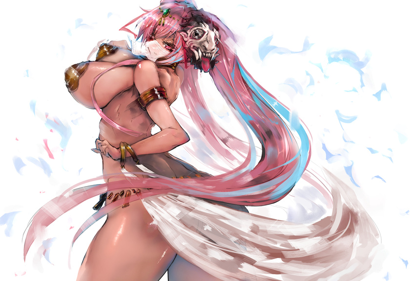 alternate_costume alternate_hairstyle armlet ass back blue_fire bracelet breasts choker cowboy_shot dancer dancing fire from_side gond hata_no_kokoro jewelry large_breasts light_smile long_hair looking_at_viewer looking_to_the_side mask pink_eyes pink_hair shiny shiny_hair shiny_skin sideboob simple_background solo thighs touhou twintails veil very_long_hair white_background