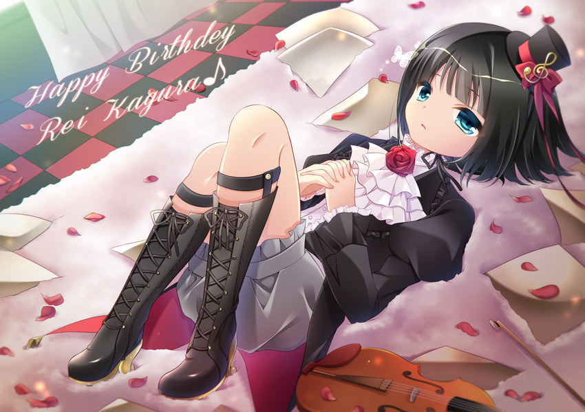 black_hair blue_eyes blush bob_cut boots character_name cravat full_body happy_birthday hat idolmaster idolmaster_side-m instrument kagura_rei male_focus mero-n_usagisan mini_hat mini_top_hat solo top_hat violin