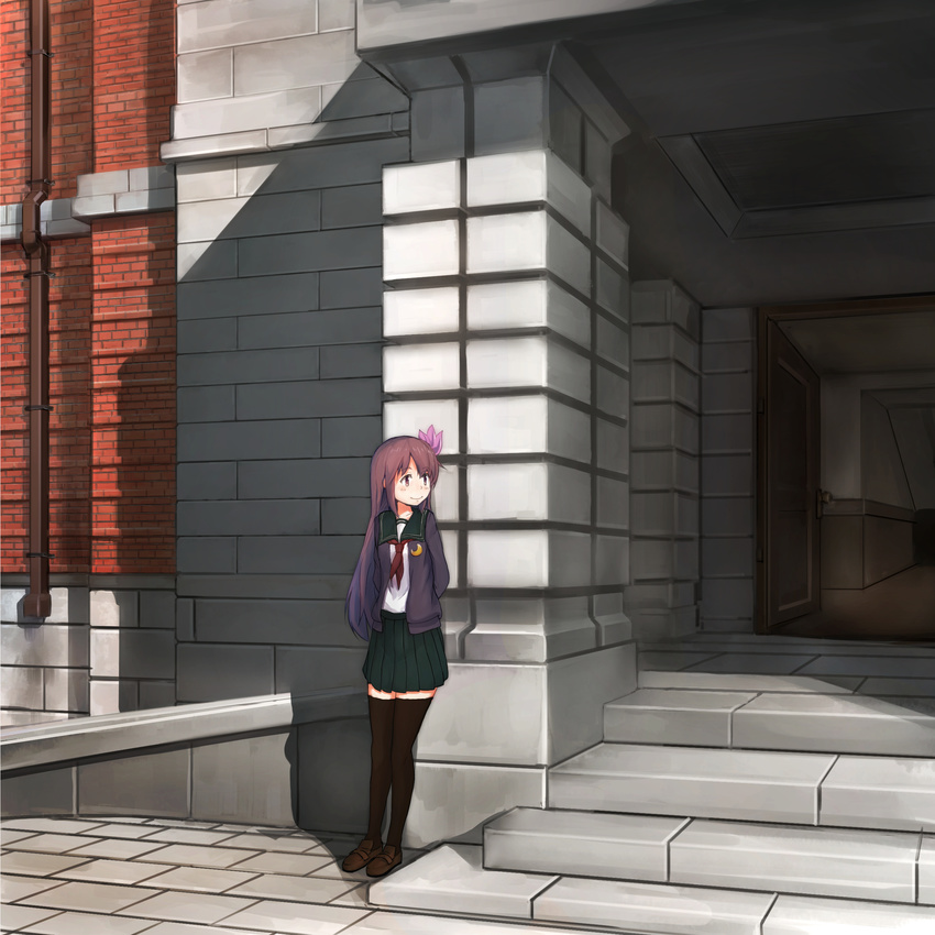 absurdres against_wall arms_behind_back black_legwear blush brick_wall brown_eyes brown_footwear brown_hair cardigan chamu_(chammkue) closed_mouth collarbone crescent door drainpipe green_skirt hair_ornament highres kantai_collection kisaragi_(kantai_collection) loafers long_hair looking_to_the_side neckerchief open_cardigan open_clothes open_door outdoors pleated_skirt remodel_(kantai_collection) sailor_collar shadow shirt shoes skirt smile solo stairs standing thighhighs white_shirt zettai_ryouiki