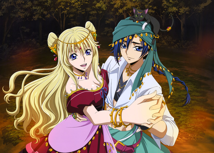 1girl absurdres animal animal_on_head blonde_hair blue_eyes blue_hair braid breasts cat cat_on_head cleavage code_geass code_geass:_boukoku_no_akito collar collarbone dancing dress earrings habe_takashi hair_ornament highres holding_hands hyuuga_akito jewelry leila_(code_geass) long_hair looking_at_viewer medium_breasts on_head open_mouth outdoors smile