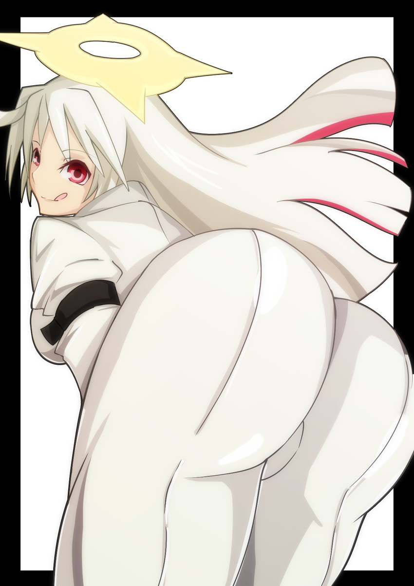 1girl :q ahoge arc_system_works artist_request ass bodysuit breasts from_behind gloves guilty_gear guilty_gear_xrd guilty_gear_xrd:_revelator halo huge_ass jack-o_(guilty_gear) large_breasts leaning leaning_forward long_hair looking_at_viewer multicolored_hair platinum_blonde red_eyes red_hair shiny shiny_clothes shiny_hair sideboob skin_tight smile solo