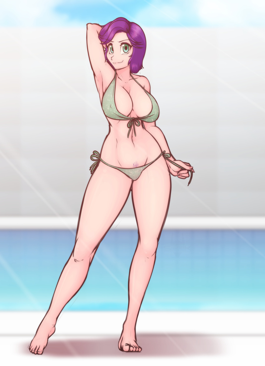 1girl bikini biting_lip breasts cleavage green_eyes hand_behind_head large_breasts looking_at_viewer midriff my_little_pony my_little_pony_friendship_is_magic navel pubic_hair purple_hair scorpdk short_hair spoiled_rich standing swimsuit