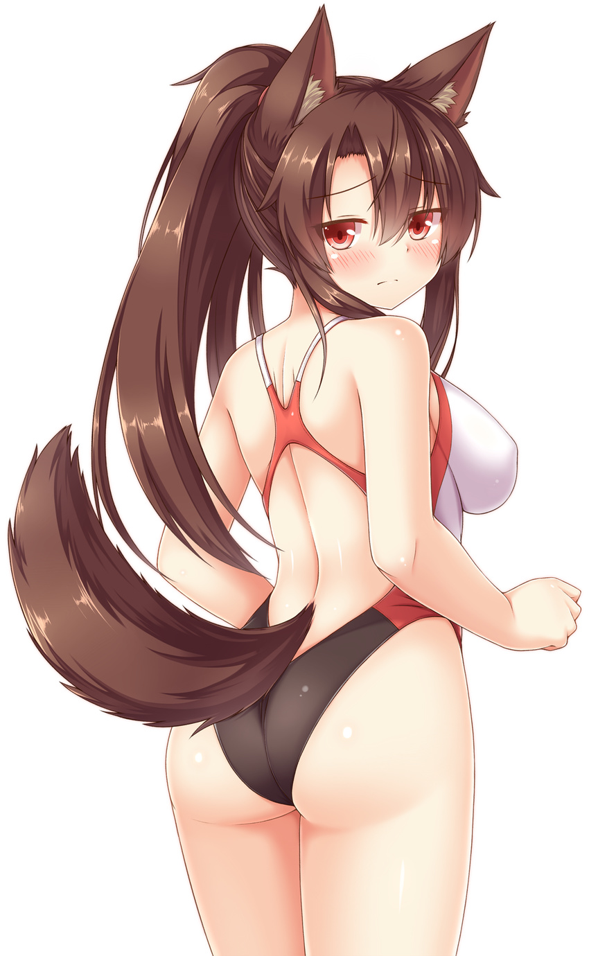 alternate_hairstyle animal_ears ass back blush breasts brown_hair clenched_hand competition_swimsuit from_behind hair_between_eyes highres imaizumi_kagerou large_breasts long_hair looking_at_viewer looking_back one-piece_swimsuit ponytail red_eyes sideboob simple_background solo standing swimsuit tail tareme touhou white_background wolf_ears wolf_tail yuu_(yu0221f)