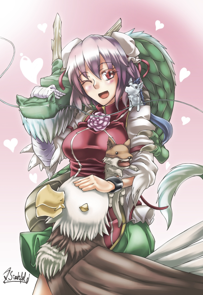 ;d animal arm_garter bandaged_arm bandages bird blush breasts bun_cover chinese_clothes commentary_request cowboy_shot cuffs dog double_bun dragon eagle eastern_dragon flower fox green_skirt heart heart_background highres huge_breasts ibaraki_kasen koutei_(touhou) kume_(touhou) one_eye_closed open_mouth petting pink_flower pink_hair pink_rose raijuu red_eyes rose ryuuno_stadtfeld shackles short_hair signature skirt smile solo tabard touhou
