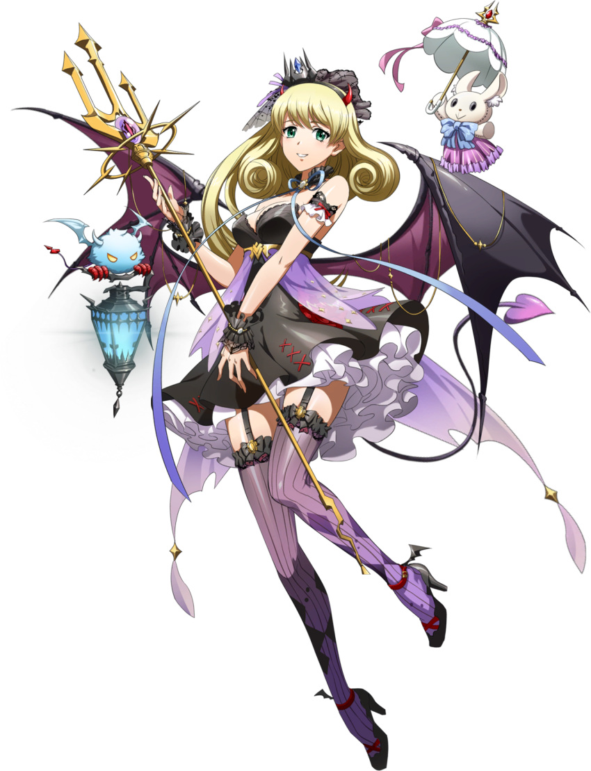 1girl black_dress black_hairband black_wings blonde_hair breasts cleavage demon_tail demon_wings dress fake_horns full_body garter_straps green_eyes grin hairband high_heels highres holding holding_weapon horns langrisser langrisser_iv lantern layered_dress long_hair looking_at_viewer medium_breasts official_art pumps purple_legwear rachel_(langrisser) short_dress sleeveless sleeveless_dress smile solo striped striped_legwear stuffed_animal stuffed_bunny stuffed_toy tail thighhighs transparent_background umbrella vertical-striped_legwear vertical_stripes very_long_hair weapon white_umbrella wings wrist_cuffs zettai_ryouiki