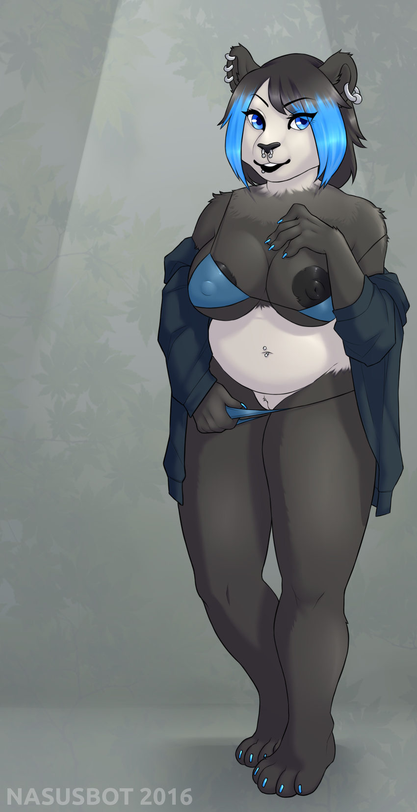 2016 anthro bear big_breasts bikini black_fur black_hair blue_eyes blue_hair breasts clothed clothing daenordus ear_piercing facial_piercing female fur hair hi_res hoodie inviting jacket kenumi_zhiqiang_(daenordus) lip_piercing looking_at_viewer mammal nasusbot navel navel_piercing nipple_slip nipples nose_piercing painted_claws panda partially_clothed piercing pussy simple_background slightly_chubby smile solo swimsuit thick_thighs thong white_fur