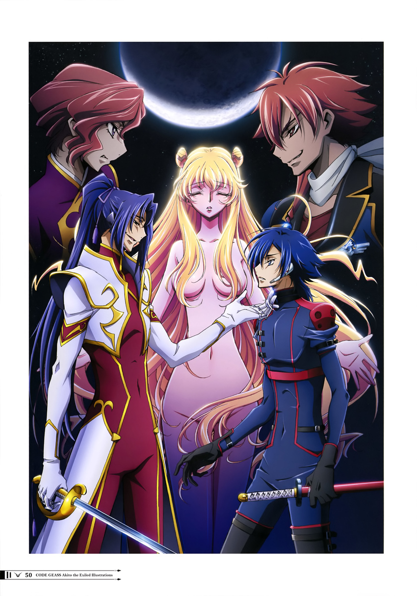3boys absurdres ashley_ashura blonde_hair blue_hair bodysuit brown_eyes brown_hair closed_eyes code_geass code_geass:_boukoku_no_akito convenient_censoring covered_navel eye_contact forked_eyebrows hair_ornament highres holding holding_sword holding_weapon hyuuga_akito jean_rowe leila_(code_geass) long_hair looking_at_another multiple_boys multiple_girls navel nude ponytail shin_hyuuga_shaingu sword weapon