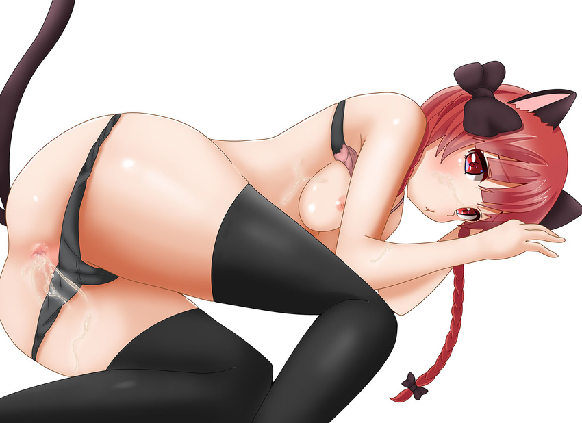 animal_ears anus ass black_legwear black_panties blush braid breasts cat_ears cat_tail hair_ribbon hifumi_kei highres kaenbyou_rin long_hair looking_at_viewer lying multiple_tails nipples on_side panties panty_pull red_eyes red_hair ribbon simple_background small_breasts solo tail thighhighs touhou tress_ribbon twin_braids underwear white_background