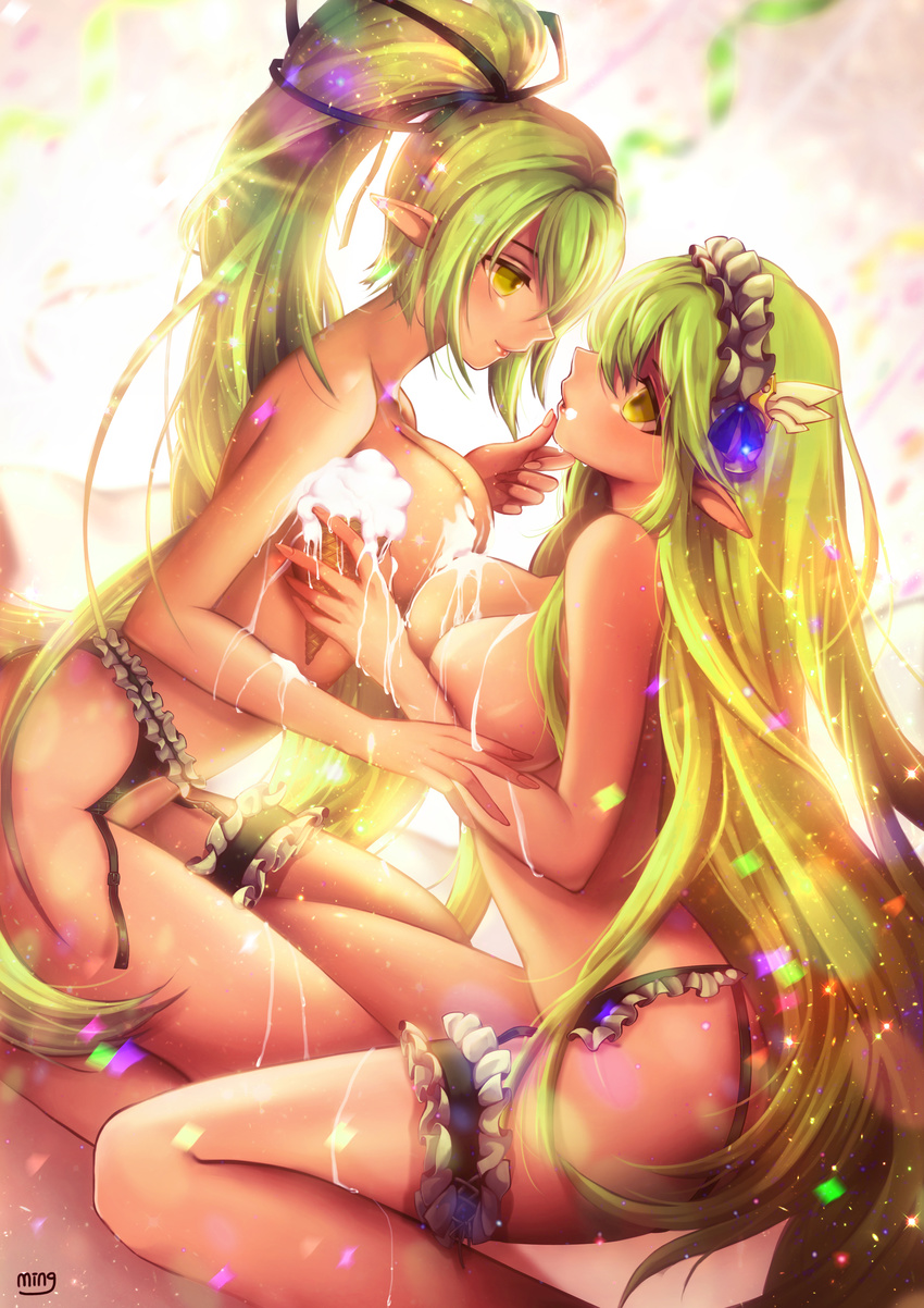 absurdres between_legs blonde_hair blurry breast_press breasts chin_grab closed_mouth confetti dark_skin depth_of_field dripping dual_persona elf elsword eye_contact food food_on_body food_on_face frills from_side garter_belt grand_archer_(elsword) green_eyes green_hair hair_ornament hair_ribbon head_wings highres holding holding_food ice_cream ice_cream_cone jewelry large_breasts leg_garter light_particles long_hair looking_at_another maid_headdress melting ming_(wldi0132) mini_wings multiple_girls nude pointy_ears profile rena_(elsword) ribbon selfcest signature sitting smile soft_serve suggestive_fluid symmetrical_docking very_long_hair waffle_cone white_background wind_sneaker_(elsword) yuri