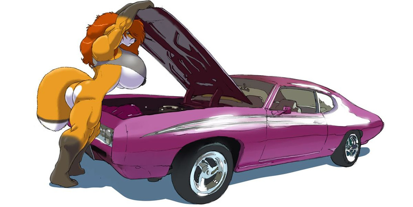 anthro big_breasts breasts canine car female fox gideon green_eyes hair huge_breasts hyper hyper_breasts mammal muscular nipples pondering simple_background solo under_boob vehicle white_background