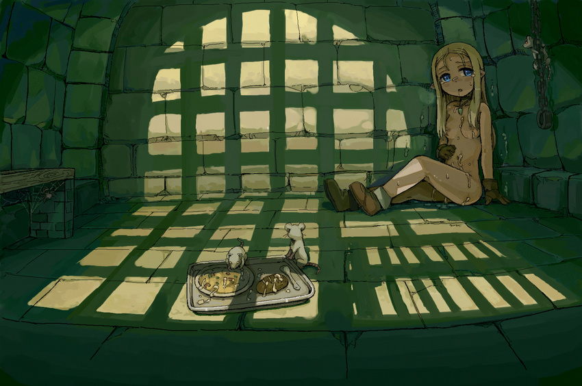 1girl blonde_hair blush bread cum cum_on_body elf food ike_(altitude_attitude) long_hair mouse necklace nipples on_floor open_mouth petite plate pointy_ears small_breasts spider spoon tears