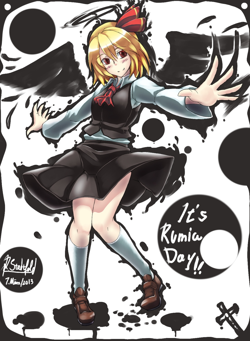 2013 anniversary ascot black_skirt black_vest black_wings blonde_hair blush brown_footwear collared_shirt commentary_request cross darkness dated english full_body hair_ribbon halo highres knees_together_feet_apart long_sleeves looking_at_viewer outstretched_arms red_eyes red_ribbon ribbon rumia ryuuno_stadtfeld shirt shoes short_hair signature skirt skirt_set smile socks solo spread_arms touhou vest white_legwear white_shirt wing_collar wings