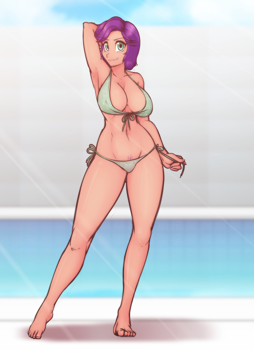 1girl bikini biting_lip breasts cleavage green_eyes hand_behind_head large_breasts looking_at_viewer midriff my_little_pony my_little_pony_friendship_is_magic navel pubic_hair purple_hair scorpdk short_hair spoiled_rich standing swimsuit tanned