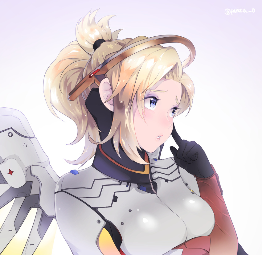 bad_id bad_pixiv_id blonde_hair blue_eyes blush bodysuit breasts finger_to_cheek gloves gradient gradient_background high_ponytail highres large_breasts lips long_hair mechanical_halo mechanical_wings mercy_(overwatch) overwatch panza parted_lips ponytail solo twitter_username upper_body white_background wings