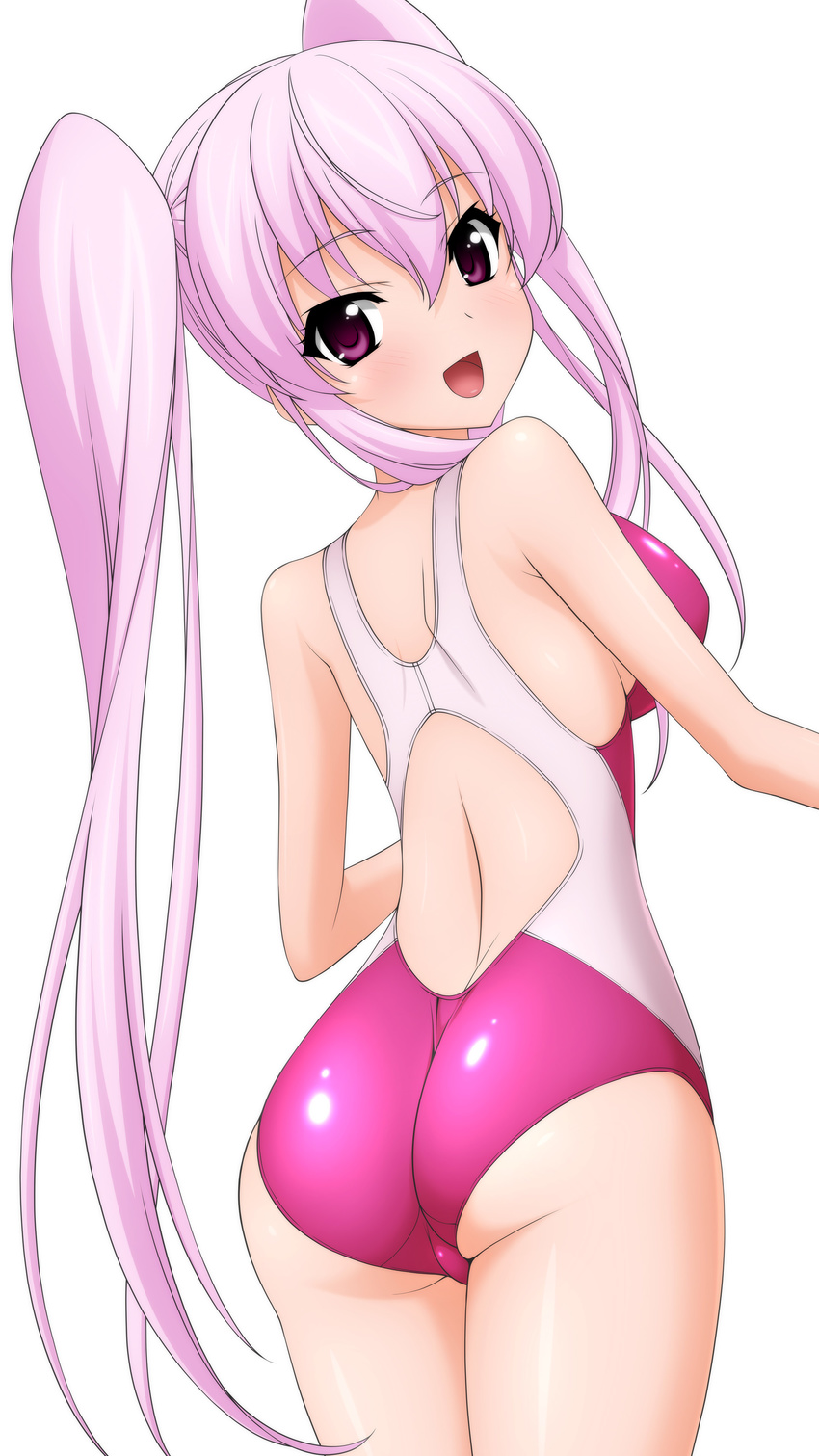 absurdres ass competition_swimsuit from_behind highres long_hair looking_at_viewer looking_back one-piece_swimsuit original pink_hair pink_swimsuit purple_eyes solo sugimura_tomokazu swimsuit twintails