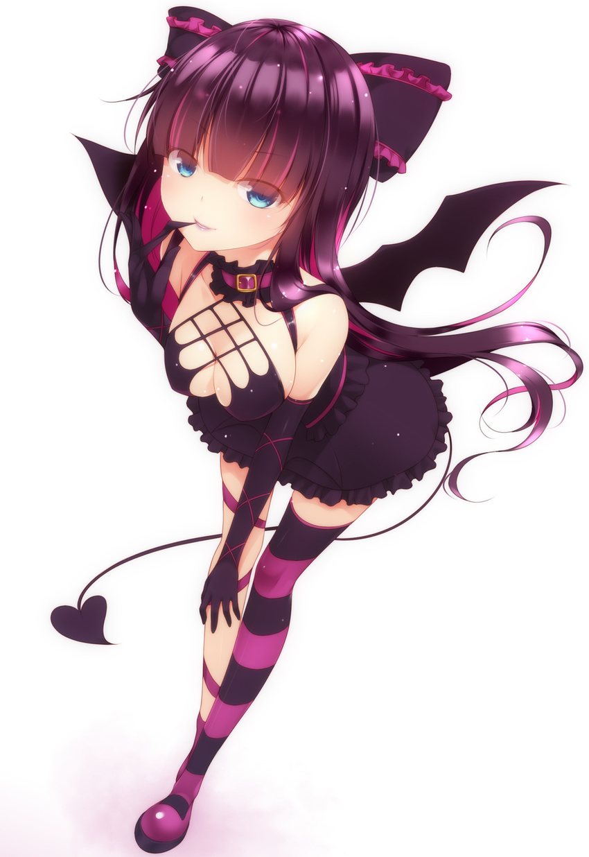 bangs bare_shoulders bat_wings bent_over biting black_dress black_gloves black_hair blunt_bangs bow breasts cleavage collar commentary_request demon_tail dress elbow_gloves glove_biting gloves hair_bow highres large_breasts long_hair looking_at_viewer multicolored_hair panty_&amp;_stocking_with_garterbelt pink_hair shokuyou_mogura simple_background single_thighhigh smile solo stocking_(psg) striped striped_legwear tail thighhighs two-tone_hair white_background wings