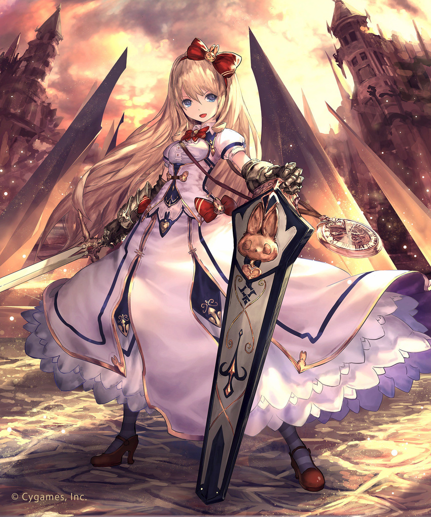 absurdres blonde_hair blue_eyes dress gauntlets hair_ribbon highres holding holding_sword holding_weapon long_hair long_sword looking_at_viewer outdoors red_ribbon ribbon shingeki_no_bahamut solo striped striped_legwear sword tachikawa_mushimaro weapon white_dress