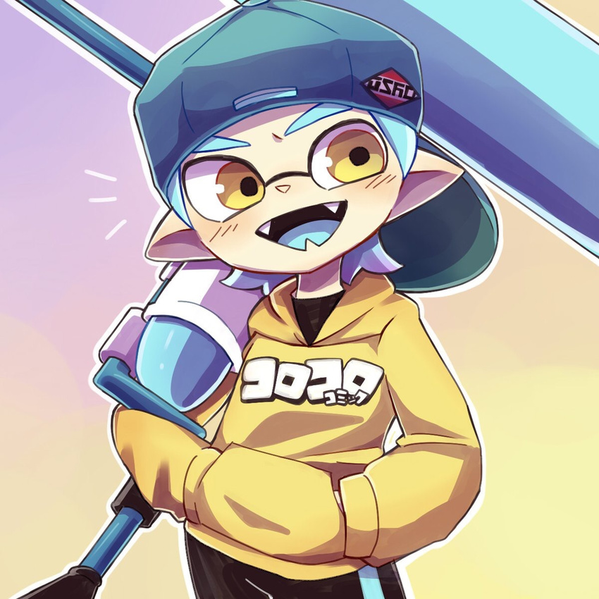 backwards_hat bad_id bad_pixiv_id baseball_cap black_shorts blue_hair brown_eyes domino_mask fangs gradient gradient_background hands_in_pockets hat highres holding holding_weapon hood hoodie inkling long_sleeves male_focus masa0003 mask monster_boy multicolored multicolored_background open_mouth pointy_ears shorts single_vertical_stripe smile solo splat_roller_(splatoon) splatoon_(series) splatoon_1 standing tentacle_hair weapon