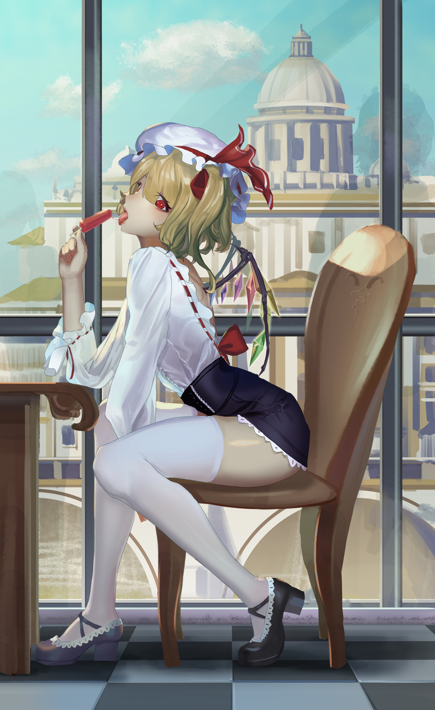 absurdres alternate_costume backless_outfit bangs black_footwear black_skirt blonde_hair blouse bow building cafe chair checkered checkered_floor cloud contemporary crystal day dome elbow_rest flandre_scarlet food frills from_side full_body hat hat_ribbon high_heels highres indoors leaning_forward licking liyou-ryon long_sleeves looking_at_viewer miniskirt mob_cap popsicle profile red_eyes ribbon ribbon-trimmed_sleeves ribbon_trim shiny shiny_skin shirt shoes short_hair side_ponytail sitting skirt sky solo thighhighs thighs tongue tongue_out touhou white_blouse white_legwear window wings