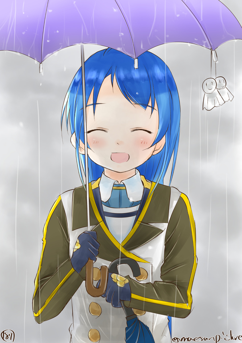 :d bangs black_gloves blue_hair blush closed_eyes closed_umbrella facing_viewer gloves highres holding holding_umbrella kantai_collection long_hair long_sleeves mae_(maesanpicture) numbered open_mouth outdoors parted_bangs rain raincoat samidare_(kantai_collection) smile solo swept_bangs teruterubouzu twitter_username umbrella upper_body