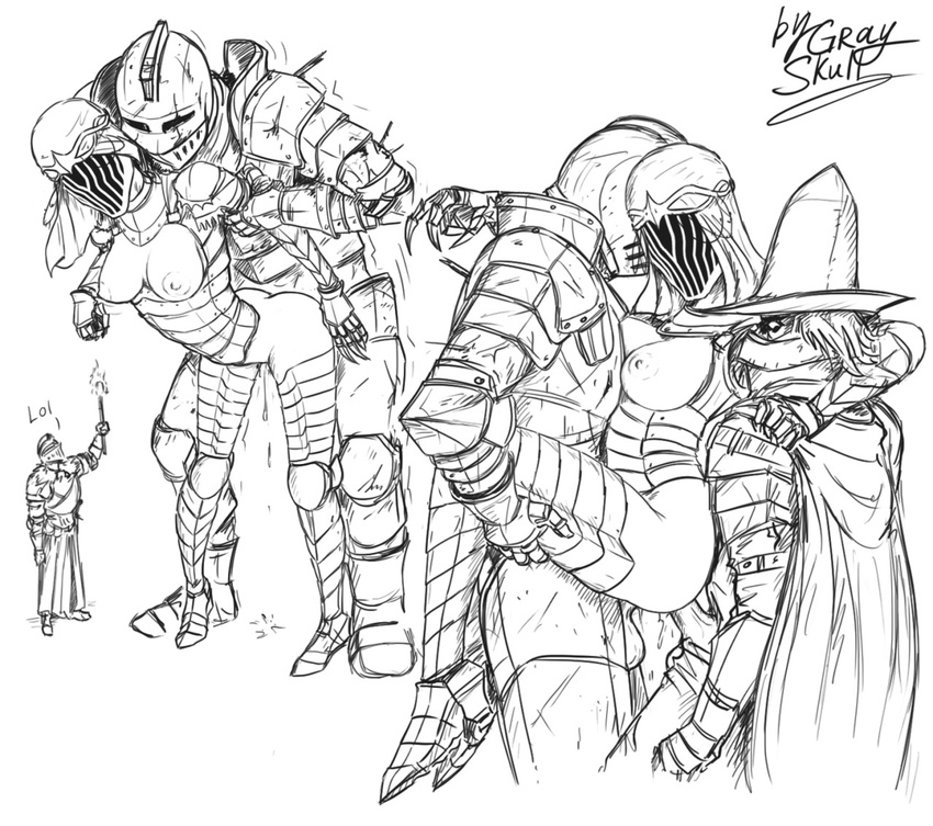 abyss_watchers anal anal_penetration armor black_and_white breasts cape clothing dancer_of_the_boreal_valley dark_souls dark_souls_3 double_penetration female from_behind_position gray-skull group group_sex hat helmet human humanoid knight male male/female mammal monochrome nipples penetration sex size_difference threesome torch vaginal vaginal_penetration video_games