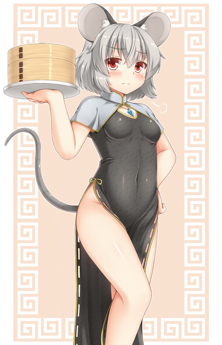 adapted_costume animal_ears bare_legs blush breasts capelet china_dress chinese_clothes covered_navel dress grey_hair highres jewelry legs looking_at_viewer mouse_ears mouse_tail nazrin necklace no_panties pelvic_curtain red_eyes short_hair sleeveless small_breasts solo tail touhou yuu_(yu0221f)