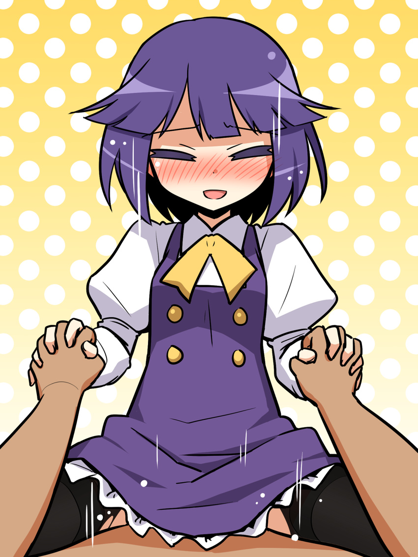 1girl black_legwear blush closed_eyes cowgirl_position girl_on_top happy_sex hetero highres holding_hands ikune_juugo interlocked_fingers pantyhose pov purple_hair sex smile solo_focus straddling thighband_pantyhose torn_clothes torn_legwear