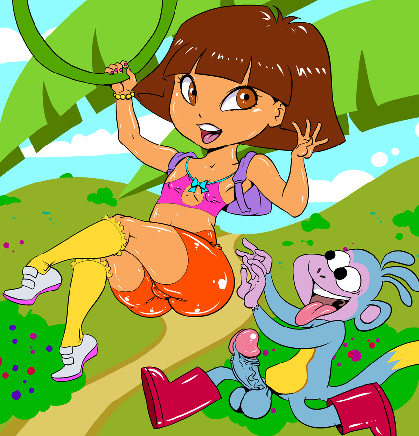 absurd_res balls boots_(character) breasts brown_eyes brown_hair camel_toe clothed clothing detailed_background dora dora_the_explorer duo erection female hair hi_res human ironcoin male mammal monkey nipples open_mouth penis pose primate short_hair skimpy small_breasts tight_clothing tongue tongue_out young