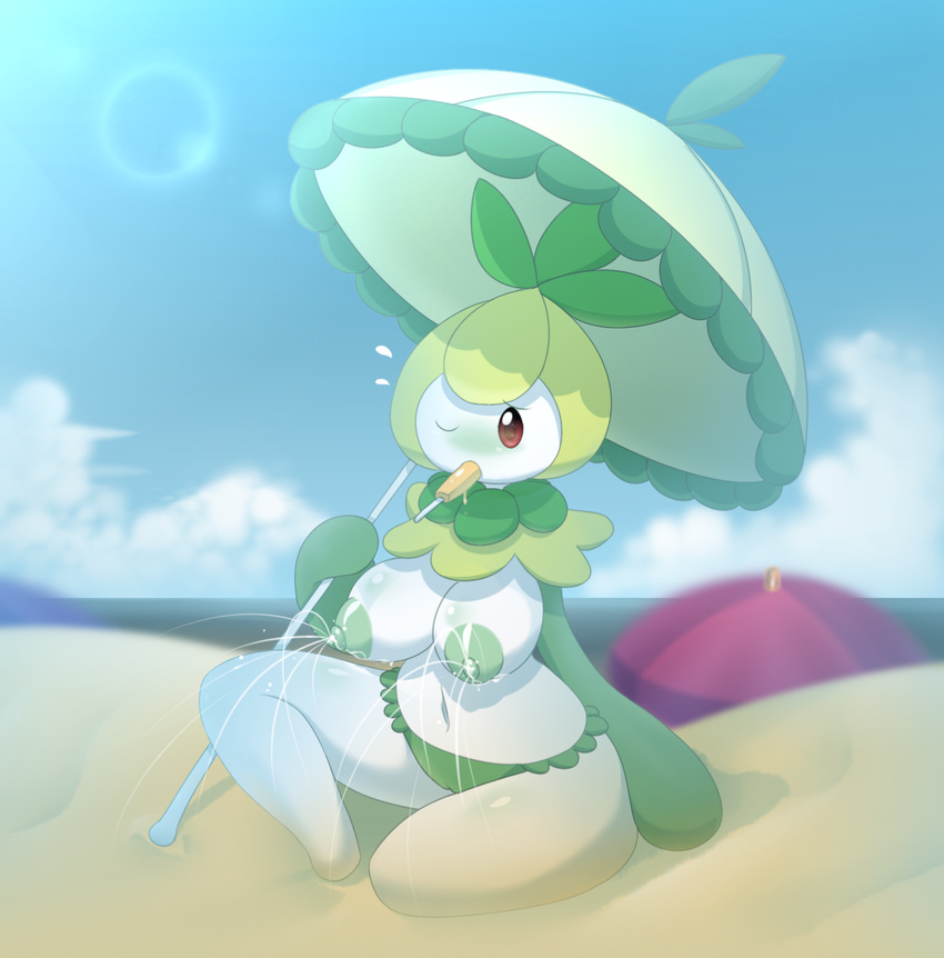 anthro beach big_breasts blush breasts camel_toe clothed clothing elfdrago female flora_fauna flying_sweatdrops food lactating milk nintendo nipples one_eye_closed petilil plant pok&eacute;mon pok&eacute;morph popsicle red_eyes sand seaside solo sweat sweatdrop topless umbrella video_games