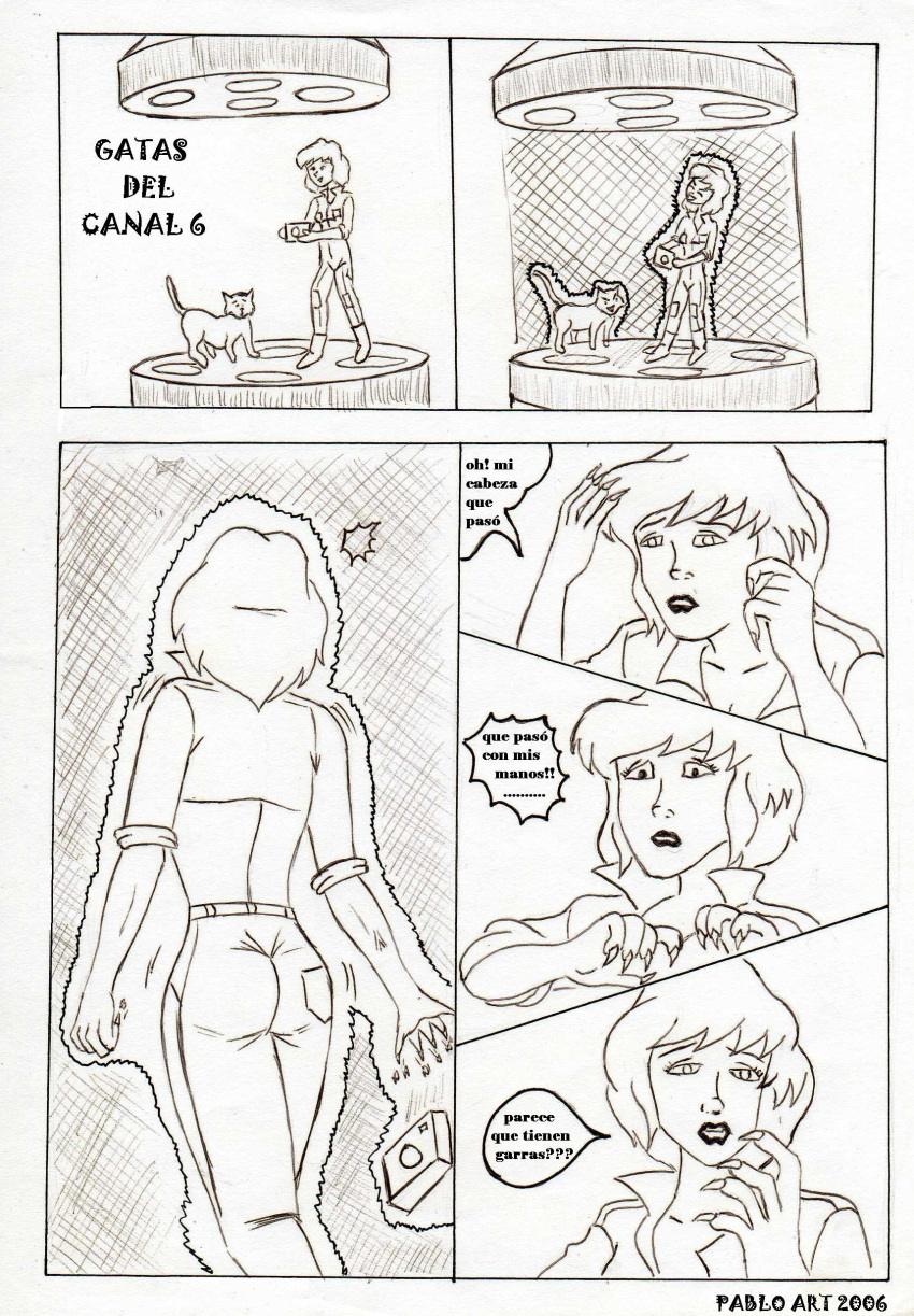 2006 april_o'neil black_and_white comic domestic_cat duo felid feline felis female feral hi_res irma_langinstein locofuria mammal monochrome pen_(artwork) simple_background solo_focus spanish_text teenage_mutant_ninja_turtles text traditional_media_(artwork) transformation white_background