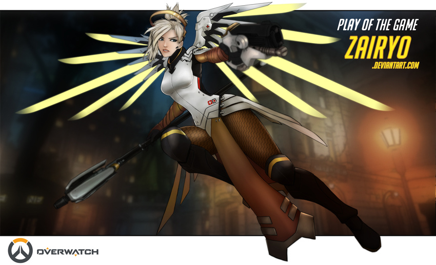 aiming armor armored_dress blue_eyes boots breasts brown_legwear copyright_name dual_wielding faulds gameplay_mechanics gun handgun holding knee_boots knee_pads lips mechanical_halo mechanical_wings mercy_(overwatch) overwatch pantyhose pistol play_of_the_game power_suit short_ponytail silver_hair slender_waist small_breasts solo staff watermark weapon web_address wings yellow_wings zairyo