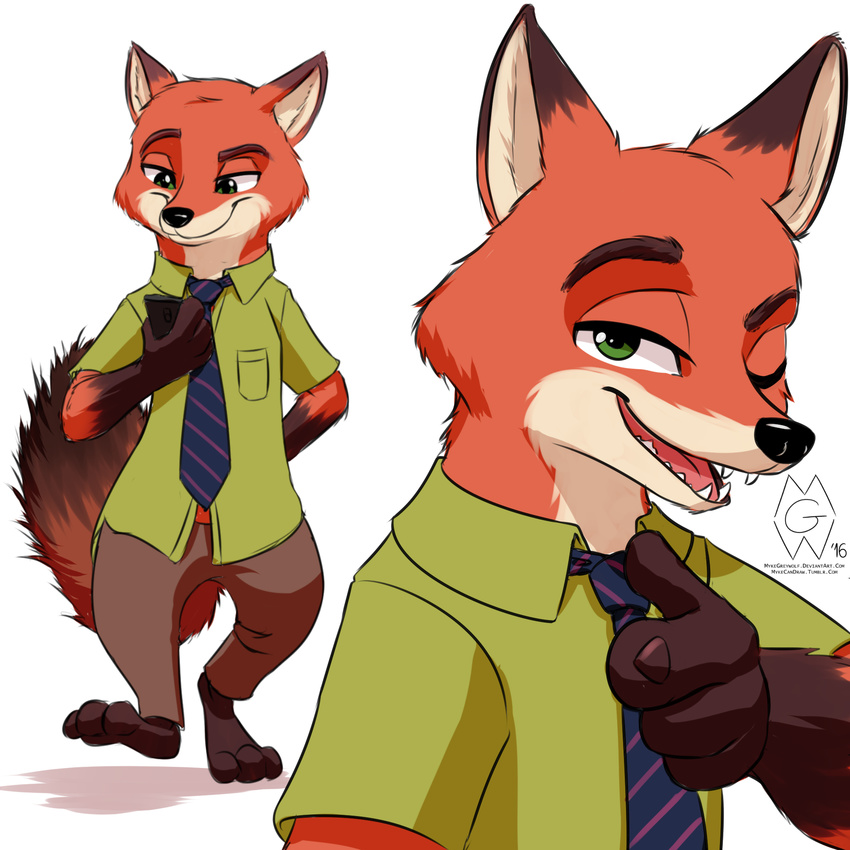 2016 anthro canine clothed clothing dipstick_tail disney fox fur gloves_(marking) green_eyes half-closed_eyes hand_behind_back hi_res holding_object holding_phone looking_at_viewer male mammal markings multicolored_fur multicolored_tail mykegreywolf necktie nick_wilde one_eye_closed open_mouth phone simple_background smile solo white_background wink zootopia