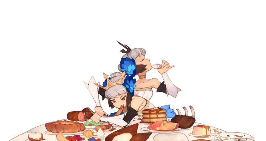 1girl 34no404 cup drinking eating food grey_hair gwendolyn meat odin_sphere pancake solo teacup