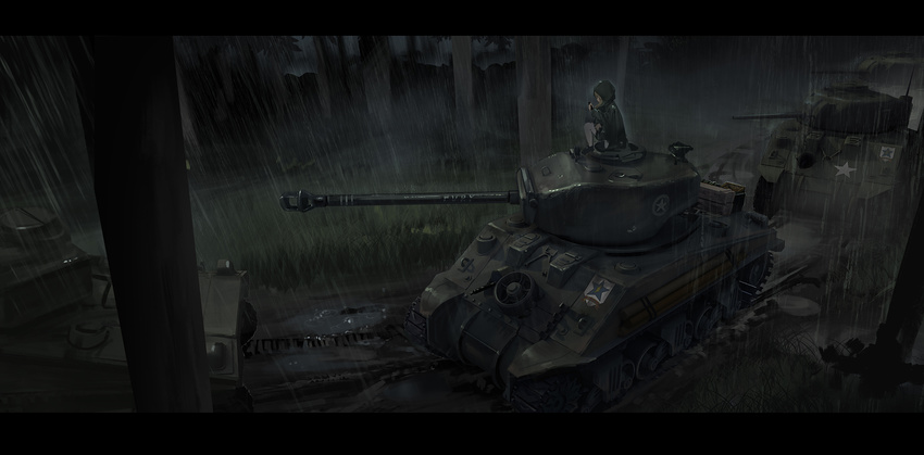 combat_vehicle dark forest girls_und_panzer hoodie kay_(girls_und_panzer) night rain renatus-z tree water