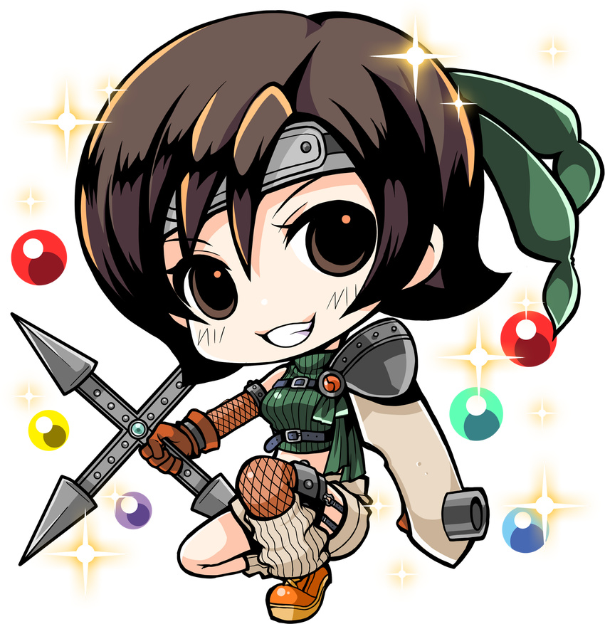 armor belt brown_gloves chibi crop_top final_fantasy final_fantasy_vii forehead_protector full_body gloves grin highres makokb ninja one_knee ribbed_sweater short_shorts shorts smile solo sparkle sweater transparent_background weapon yuffie_kisaragi