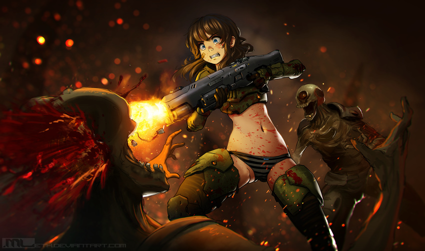 adapted_costume armor bandaid bandaid_on_face bare_shoulders battle bikini_armor black_gloves blood blood_splatter blue_eyes brooke_(mathias_leth) brown_hair clenched_teeth commentary cosplay cyclops doom_(2016) doom_(game) doomguy firing gloves gun guro headshot highres mathias_leth midriff muzzle_flash navel one-eyed original panties shotgun solo_focus striped striped_panties teeth the_possessed underwear watermark weapon web_address zombie