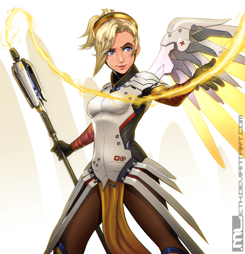 asymmetrical_bangs bangs blonde_hair blue_eyes bodysuit breasts brown_legwear cowboy_shot energy_beam faulds gloves high_ponytail highres lips loincloth long_hair mathias_leth mechanical_halo mechanical_wings mercy_(overwatch) overwatch pantyhose small_breasts solo staff swiss_flag wings yellow_wings