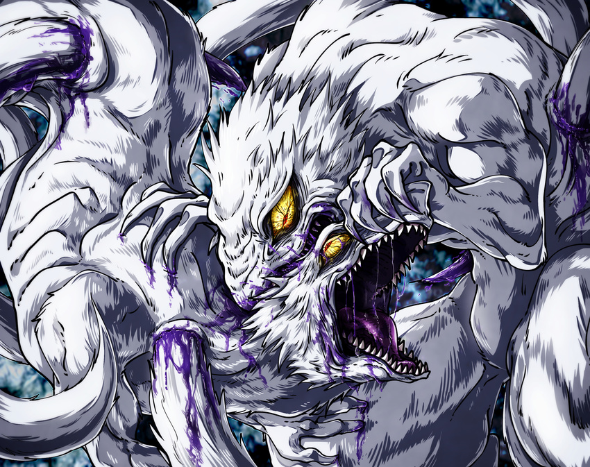 5_fingers ambiguous_gender blood canine claws demon duo feral fight fox fur furred_monster hakumen_no_mono mammal monster multi_tail muscular red_eyes simple_background snout teeth ushio_and_tora white_background white_fur