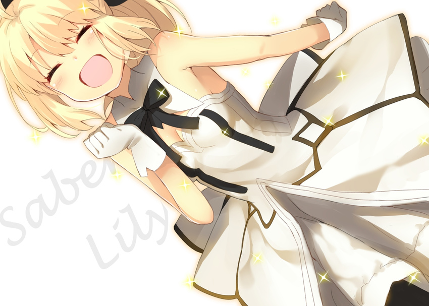 :d ^_^ ahoge artoria_pendragon_(all) bangs bare_shoulders black_ribbon blonde_hair blush breasts character_name closed_eyes detached_collar dress dutch_angle eyebrows_visible_through_hair facing_viewer fate/unlimited_codes fate_(series) gloves hand_up medium_breasts open_mouth ponytail ribbon saber saber_lily shiime simple_background smile solo white_background white_dress white_gloves