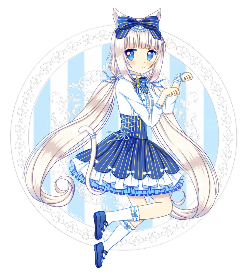 animal_ears bangs bertalh blue_eyes blunt_bangs bow bowtie cat_ears cat_tail full_body hair_bow hair_ribbon high-waist_skirt highres light_smile lolita_fashion long_hair long_sleeves looking_at_viewer low_twintails nekopara paw_pose petticoat ribbon shoes skirt socks solo tail transparent_background twintails vanilla_(sayori) very_long_hair white_hair white_legwear wrist_cuffs