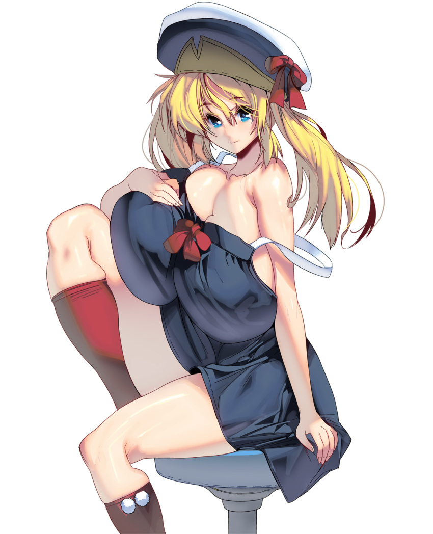 1girl blonde_hair blue_eyes breasts cabbie_hat cleavage hat highres huge_breasts long_hair looking_at_viewer masao no_bra original red_ribbon ribbon simple_background sitting smile solo white_background