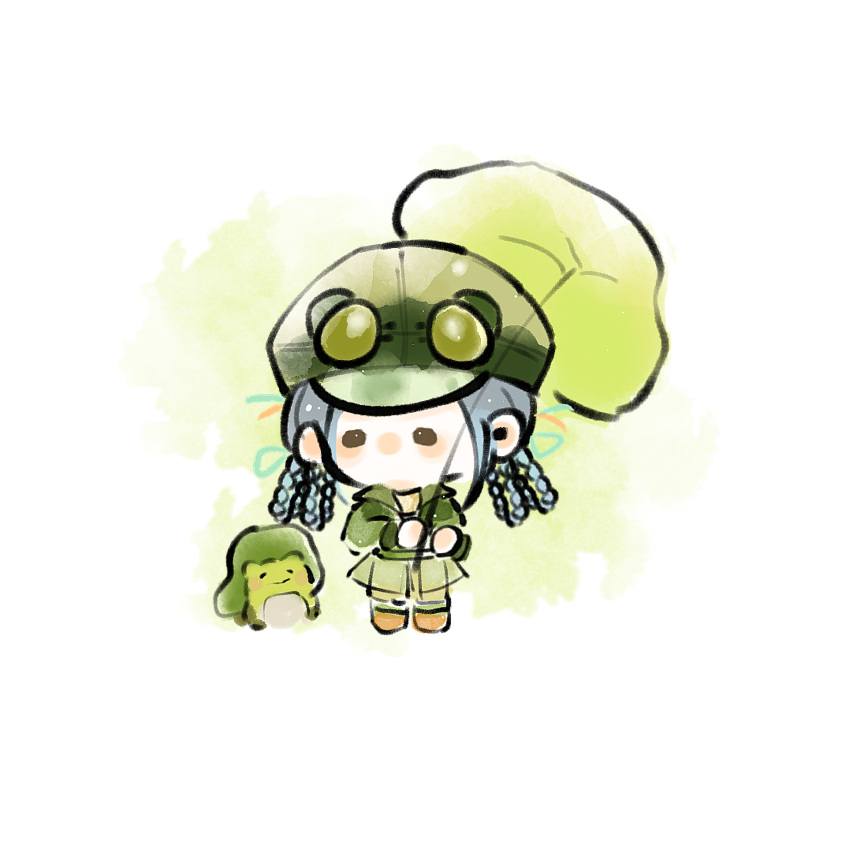 1girl black-framed_eyewear boots braid braided_hair_rings brown_boots brown_eyes chibi chinese_commentary collared_jacket commentary_request croaker_(infinity_nikki) expressionless fengmi_youzi_hua frog froggy_fashion_(infinity_nikki) goggles goggles_on_headwear green_background green_hat green_jacket green_skirt green_socks grey_hair hair_rings hat highres holding holding_plant infinity_nikki jacket kneehighs light_particles lily_pad long_hair long_sleeves looking_at_another miniskirt newsboy_cap nikki_(series) plant pleated_skirt puffy_long_sleeves puffy_sleeves round_eyewear shirt skirt socks solid_oval_eyes standing two-tone_background white_background yellow_shirt