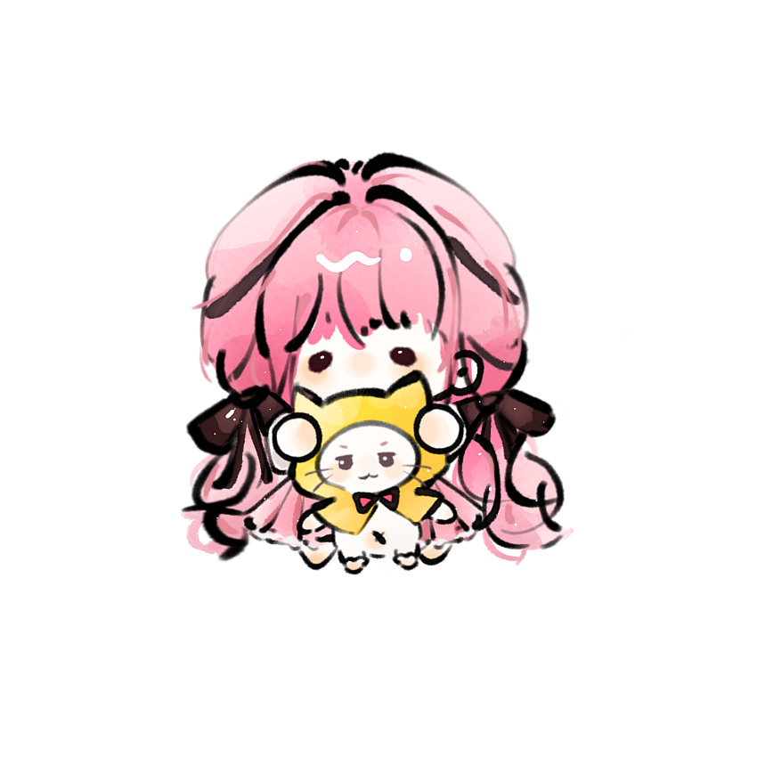 1girl :3 absurdly_long_hair animal bare_shoulders black_bow black_ribbon bow bowtie brown_eyes cat chibi chinese_commentary cloak closed_mouth clothed_animal commentary_request covered_mouth ear_covers expressionless fengmi_youzi_hua frilled_skirt frills hair_bow hair_ribbon highres holding holding_animal holding_cat hood hood_up hooded_cloak infinity_nikki light_blush light_particles long_hair long_skirt long_sleeves low_twintails momo_(nikki) navel nikki_(nikki) nikki_(series) perfect_start_(infinity_nikki) pink_hair pink_skirt pleated_skirt red_bow red_bowtie ribbon shirt simple_background skirt smile solid_oval_eyes standing traditional_bowtie tress_ribbon twintails very_long_hair whiskers white_background white_cat white_shirt yellow_cloak