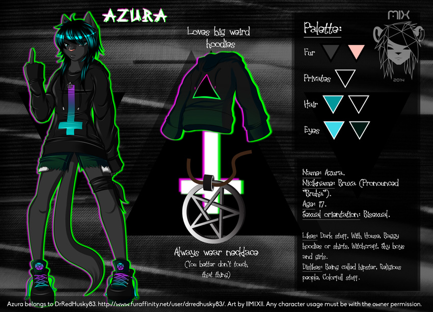 azura black_fur black_hair cat clothed clothing cub drredhusky83 english_text feline fur green_eyes hair hood jewelry llmixll mammal middle_finger model_sheet necklace pendant shorts sneakers text young