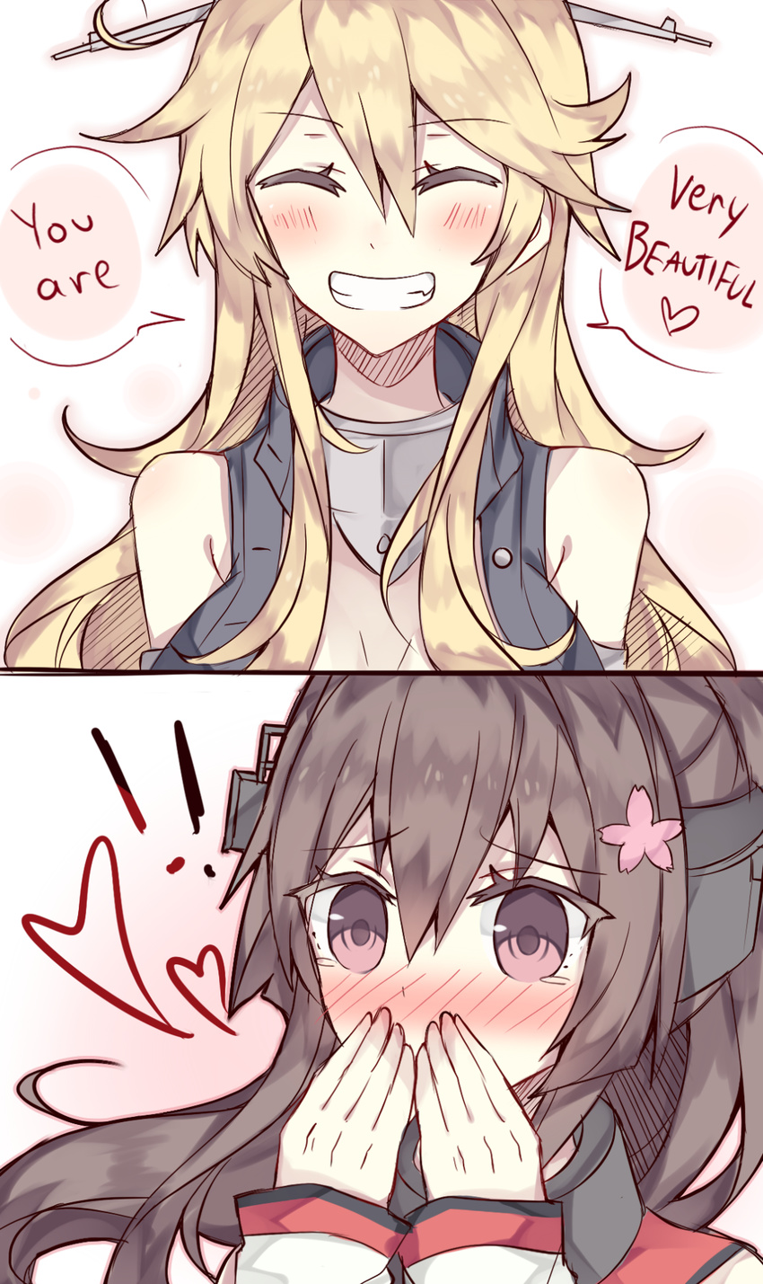 !! 2girls 2koma bare_shoulders blonde_hair blush brown_hair comic commentary covering_mouth english eyes_closed flower grin hair_flower hair_ornament hand_over_own_mouth hands_over_mouth heart highres iowa_(kantai_collection) kantai_collection kvlen long_hair multiple_girls purple_eyes smile tears yamato_(kantai_collection) yuri
