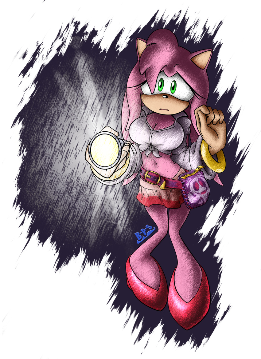 amy_rose belt big_breasts blue-paint-sea bracelet breasts clothing female flashlight footwear green_eyes hair high_heels jewelry long_hair looking_at_viewer navel purse skirt skull solo sonic_(series)