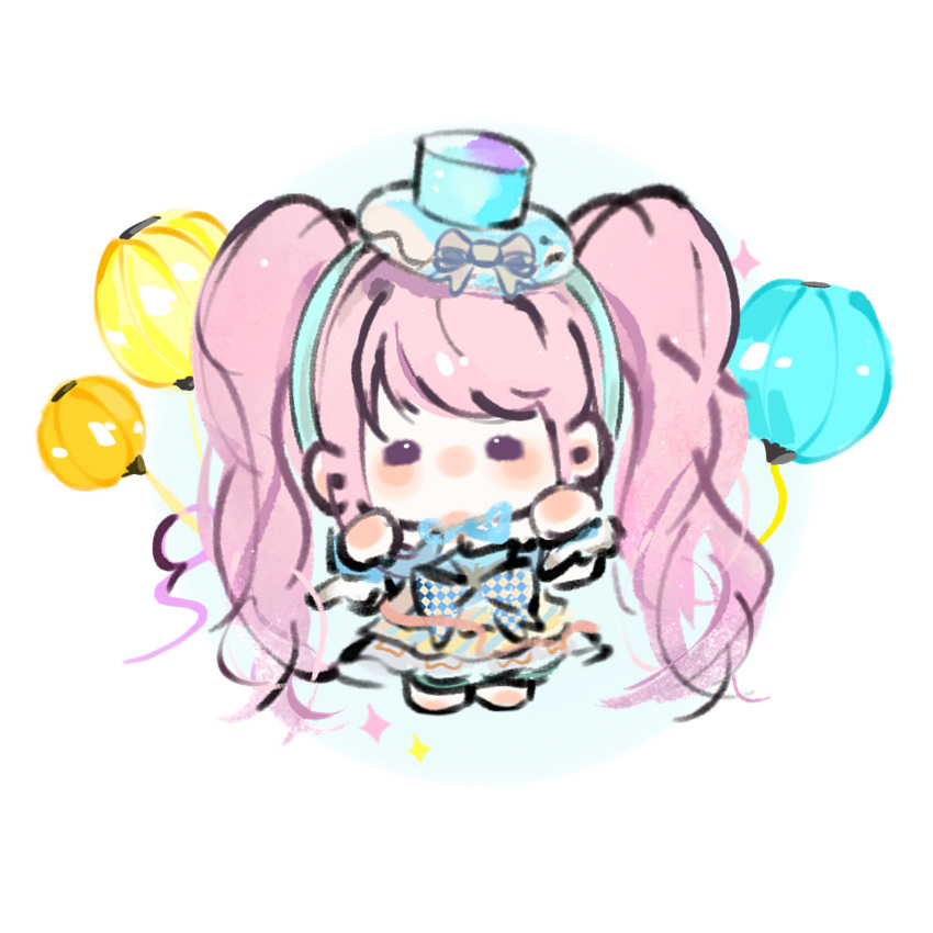 1girl absurdly_long_hair argyle_bow balloon bare_shoulders barefoot blue_bow blue_dress blue_hairband blue_hat blue_ribbon blue_wrist_cuffs bow brown_bow chibi chinese_commentary circle commentary_request dance_till_dawn_(infinity_nikki) dress fengmi_youzi_hua frilled_dress frilled_wrist_cuffs frills hairband hands_up hat hat_bow highres infinity_nikki light_blush light_particles lolita_fashion long_hair medium_dress mini_hat mini_top_hat neck_ribbon nikki_(series) no_mouth official_alternate_color pink_hair purple_eyes ribbon solid_oval_eyes solo sparkle strapless strapless_dress swept_bangs top_hat twintails two-tone_bow two-tone_wrist_cuffs unmoving_pattern very_long_hair waist_bow white_background white_wrist_cuffs wrist_cuffs yellow_bow