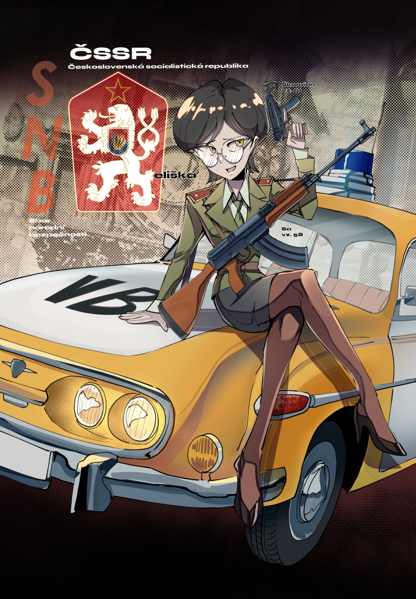 1girl absurdres arm_up assault_rifle belt black_shirt black_shoes brown_belt brown_jacket brown_pantyhose car cold_war collared_shirt czech_text czechoslovak_army czechoslovakia finger_on_trigger full_body glasses green_necktie gun heraldry high_heels highres holding holding_gun holding_weapon jacket lapels long_sleeves looking_at_viewer monochrome_background motor_vehicle necktie nico_jiang notched_lapels official_art on_car open_mouth pantyhose police police_car police_uniform policewoman red_star rifle round_eyewear shirt shoes shoulder_boards sitting sitting_on_object skorpion_vz._61 star_(symbol) submachine_gun tatra tatra_t613 tsurime vz._58 we_love_cold_war weapon yellow_car