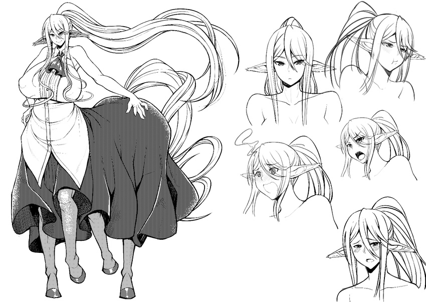 big_breasts blonde_hair breasts centaur centorea_shianus_(monster_musume) clothed clothing equine equine_taur erect_nipples female hair huge_breasts long_ears long_hair mammal model_sheet monochrome monster_girl monster_musume nipples otzer5957706 ponytail pose solo taur