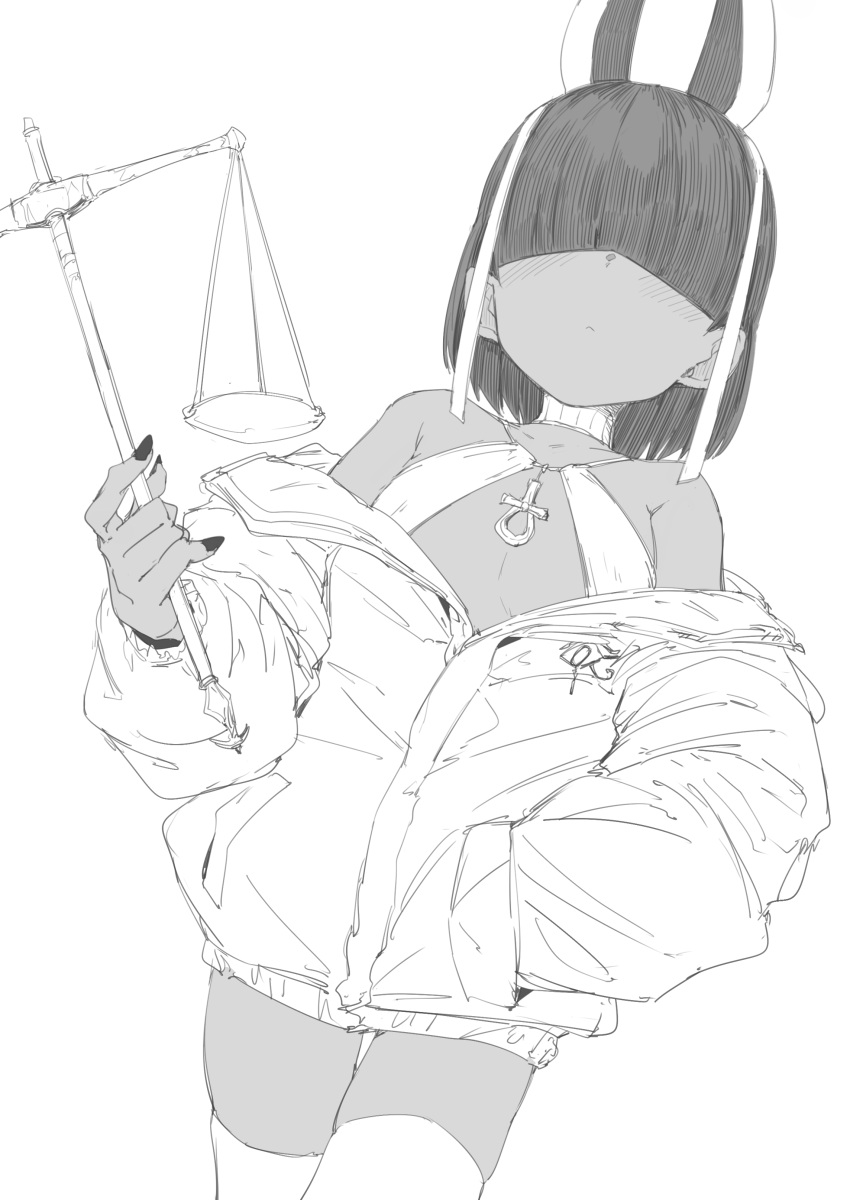1girl absurdres ancient_egyptian animal_ears ankh balance_scale blunt_bangs blush bob_cut choker commentary_request dark-skinned_female dark_skin eye_of_horus fingernails flat_chest hair_over_eyes highres holding_scale jacket long_bangs looking_at_viewer nail_polish original sharp_fingernails short_hair simple_background skindentation solo thighhighs weighing_scale white_background white_jacket white_thighhighs zettai_yarumoni